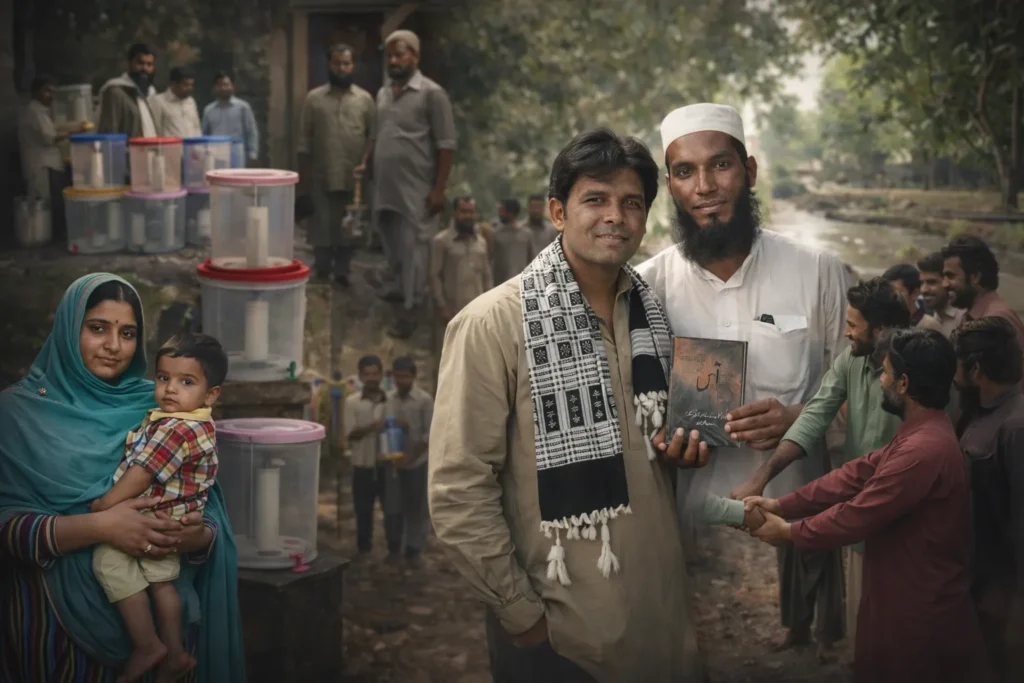 3D cinematic image showing a rural outreach mission in Pakistan, with community members gathered outdoors, men greeting each other through a handshake, a woman holding a child near water containers, and local people standing together in a village environment, symbolizing unity, compassion, and community engagement.