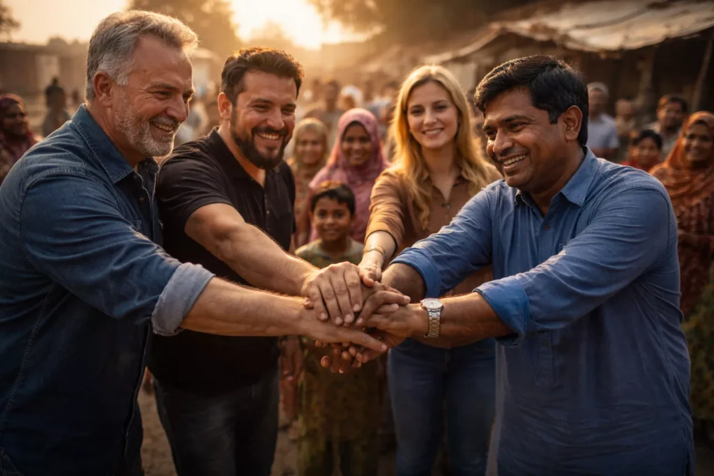 Church leaders, partners, and community members joining hands in unity during a mission outreach in Pakistan